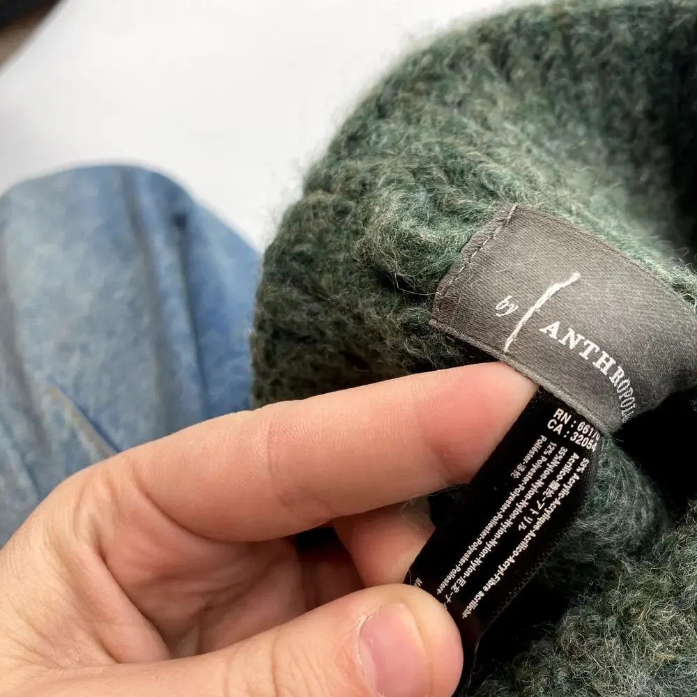 Anthropologie green ribbed pom beanie